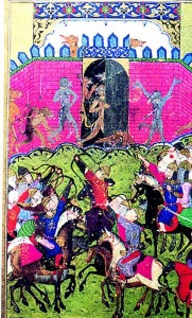 Битва Александра Македонского с псоглавцами. Индийская миниатюра XVI-XVII веков