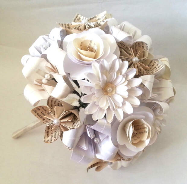Paper Flowers Origami Bouquet Wedding Bridal Alternative Roses Gerbera Lily Kusudama Book Pages White Cream