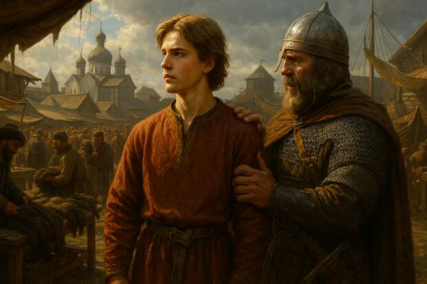 Юность Мстислава Удатного. XII век, Новгород. Молодой князь Мстислав в простой княжеской одежде, смотрит на город. Рядом с ним — суровый воевода, наставляющий его.