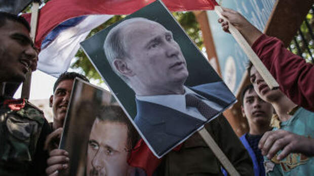Митинг в поддержку Б. Асада и В. Путина в Сирии