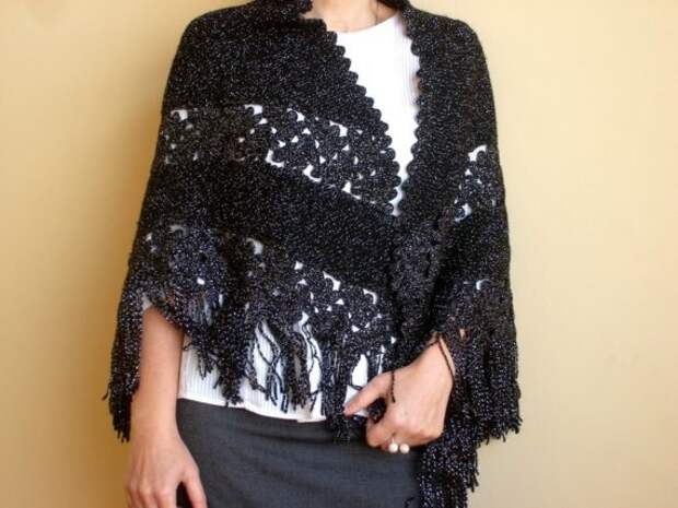 Shiny Black Womens Shawl , Hand Knitted and Crocheted