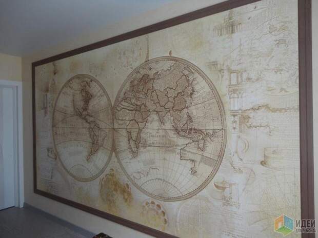Обои географическая карта в интерьере, фотообои карта на стене