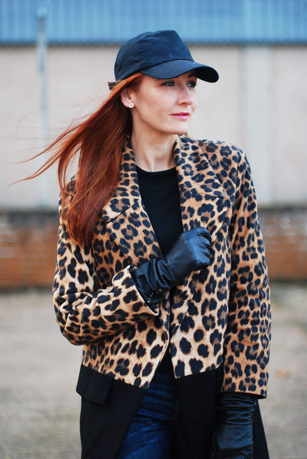 Leopard print coat with baseball cap