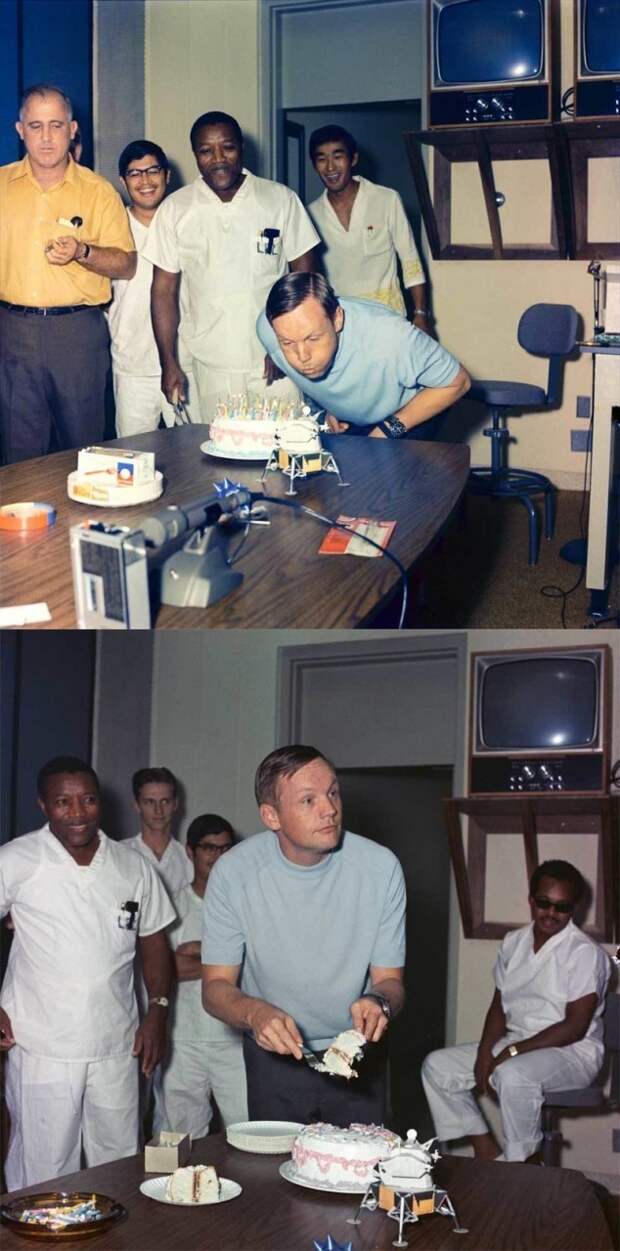 Нейл Армстронг празднует 39-й день рождения в лаборатории Lunar Receiving вскоре после миссии Аполлон-11, 5 августа 1969 года. знаменитости, редкие фото, фото