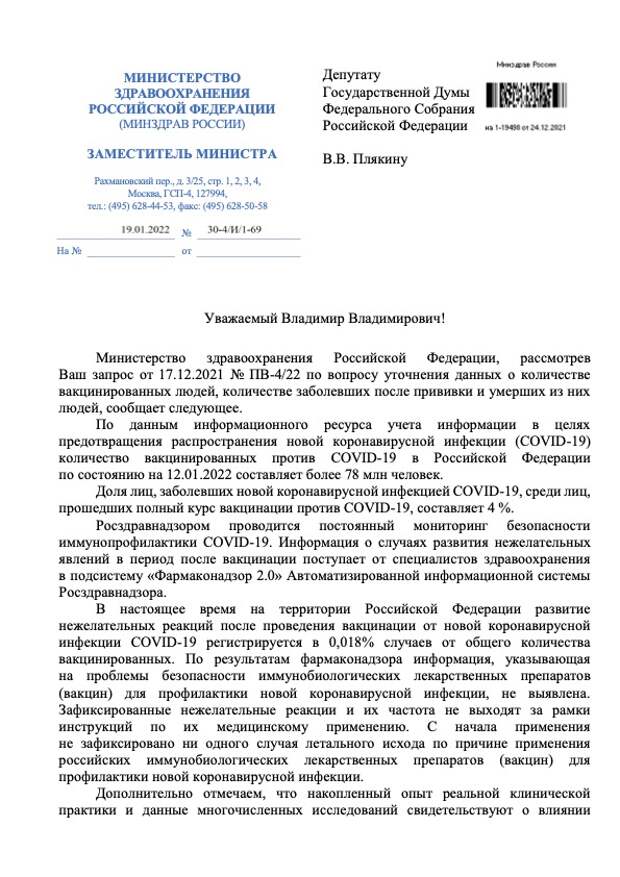 Депутат Госдумы от «Новых людей» Владимир Плякин направил запрос в Минздрав по поводу количества заболевших и умерших от коронавируса  среди вакцинированных граждан. В Минздраве отметили, что считаю нецелесообразным обнародование этой статистики. «Публикация сведений о количестве смертей среди лиц, вакцинированных против COVID-19, нецелесообразна, поскольку такие сведения объективно не отражают какую-либо взаимосвязь летальных исходов с вакцинацией могут вызвать негативное отношение к вакцинации», – сообщили в ведомстве.