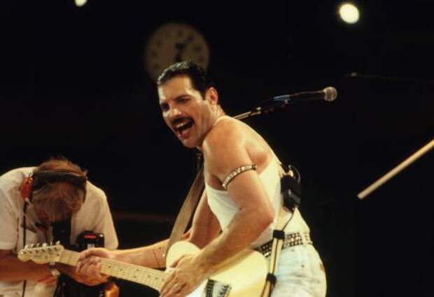 Lead singer of Queen, Freddie Mercury on stage.