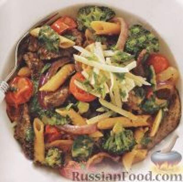 Фото к рецепту: Макароны с говядиной и брокколи