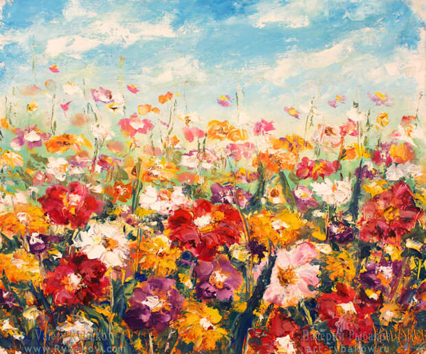 Картина: Цветочное поле в жаркий летний день. Холст, масло, мастихин.