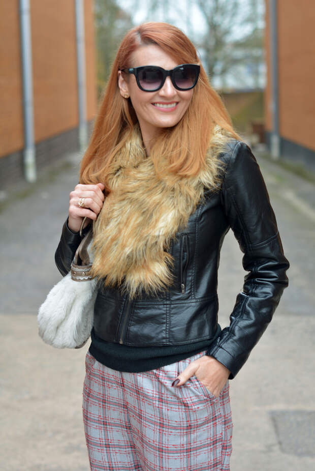 Faux fur collar, biker jacket, plaid pants