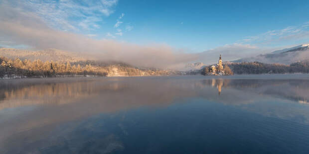 Зимний пейзаж на Бледском озере бледское озеро, зима, озеро, словения
