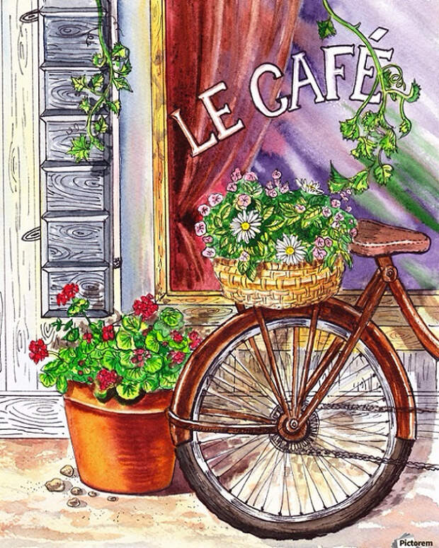 French Cafe And Bicycle With Basket (559x699, 646Kb)