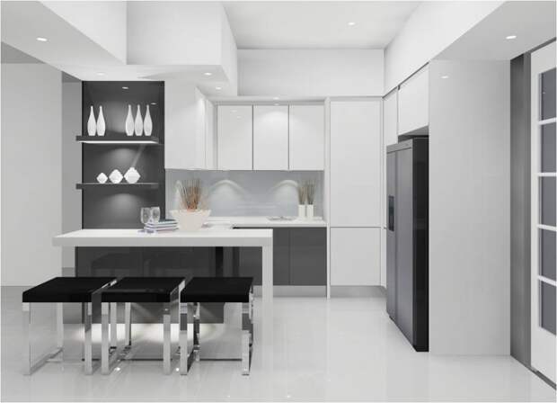 Minimalist Kitchen Design Black Countertop White Backsplash Fresh Minimalist Kitchen With Bright Colors Accentst 1024x741 Дизайн фасадов кухонных шкафов 60 фото