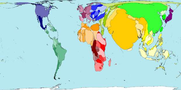 9. Размеры стран мира на этой карте соответствуют численности населения, которое будет проживать в них в 2050 году карта, мир
