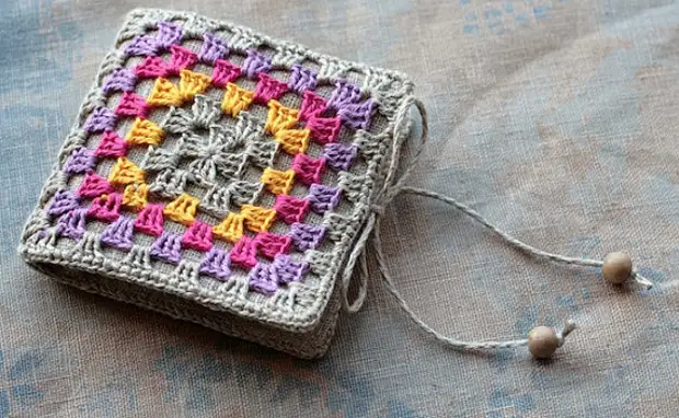 Small Linen Needle Book with Crocheted detail -- Granny Square