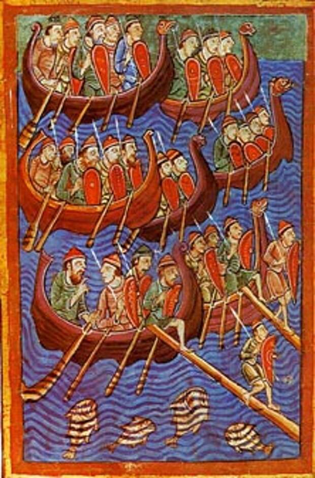 Датские воины на пути в Англию. Миниатюра XII века
