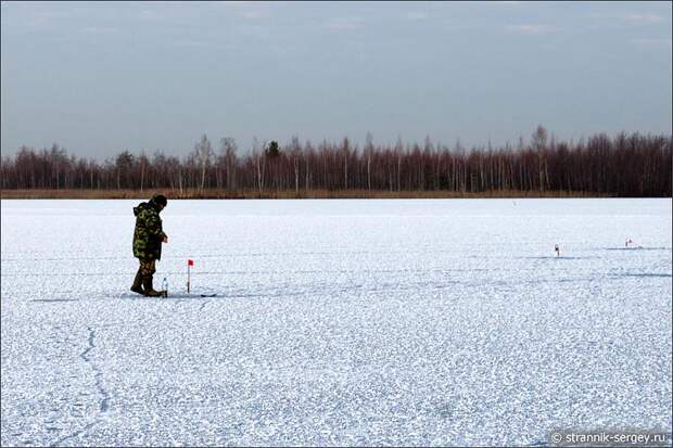 Замерзшее озеро лунки во льду жерлицы ловля щук