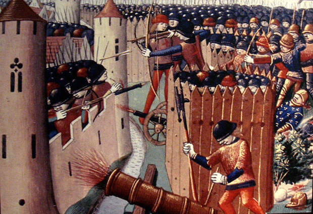 Осада Орлеана в 1429 году, как видел её фламандский художник около 1490 года. По составу техники вполне может относиться к бургундским осадам. Показаны длинноствольная бронзовая бомбарда, полевое орудие и длинноствольная ручница - Век великих пушек | Военно-исторический портал Warspot.ru