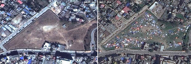 Вид с высоты птичьего полета на парк в Катманду до и после землетрясения землетресение, непал, памятники, разрушение, тогда и сейчас