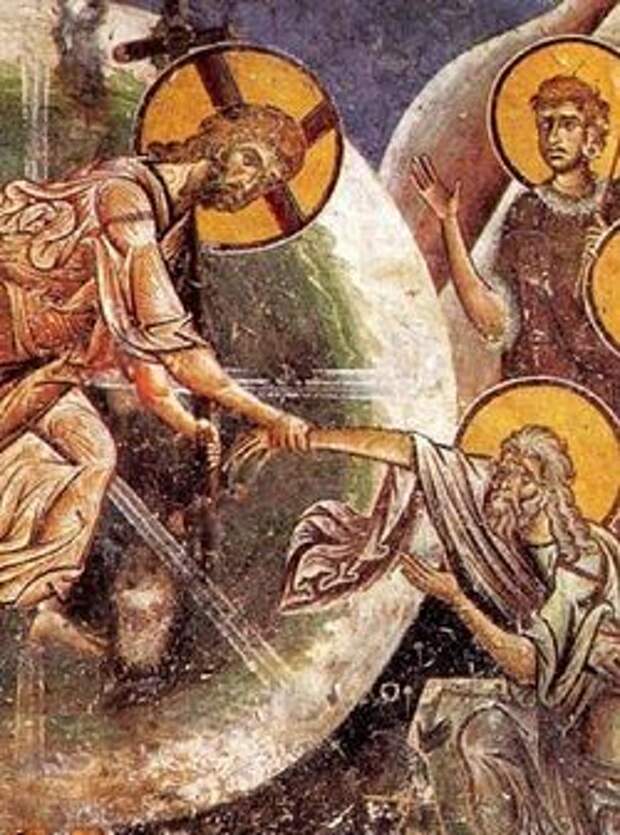 Загрузить увеличенное изображение. 800 x 840 px. Размер файла 194608 b.  Сошествие во Ад. Фреска церкви святого Георгия в Курбиново. Сербия
