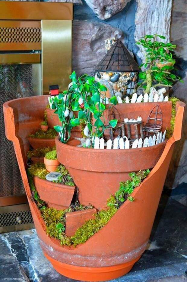 Миниатюрные сады в разбитых горшках (подборка, Diy)