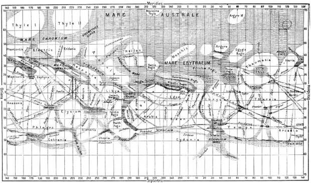 Так каналы Марса – вполне научно, по наблюдениям Скиапарелли – изображались в книге Фламмариона  "La Planéte Mars"(1892) и в русской астрономической литературе…