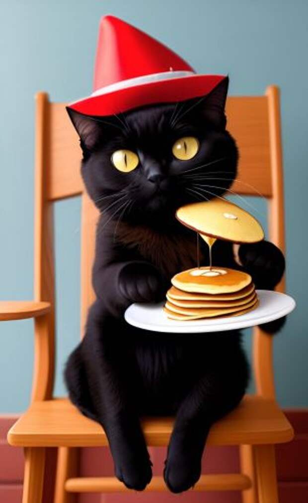 Нейросеть Dream by WOMBO. Черный кот сидит в кресле в шляпе и ест блины по версии нейросети Dream. Нейросеть Dream by WOMBO. Черный кот сидит в кресле в шляпе и ест блины по версии нейросети Dream. Фото.