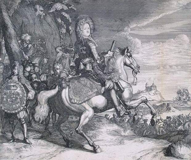 А. Д. Меншиков на коне на фоне сражения при Калише. <br>