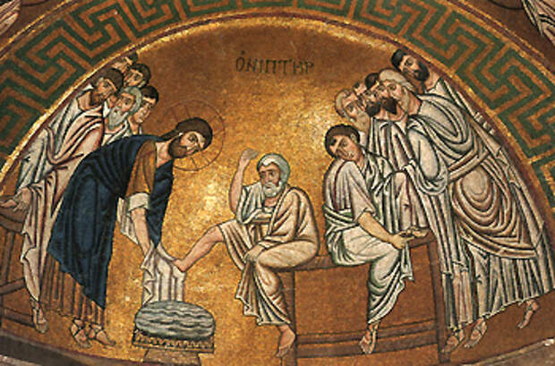 Омовение  ног. Мозаика наоса кафоликона монастыря св. Луки в Фокиде, Греция.  <BR>Византия, 1030-е гг. <BR>