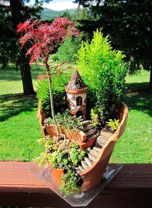 Миниатюрные сады в разбитых горшках (подборка, Diy)