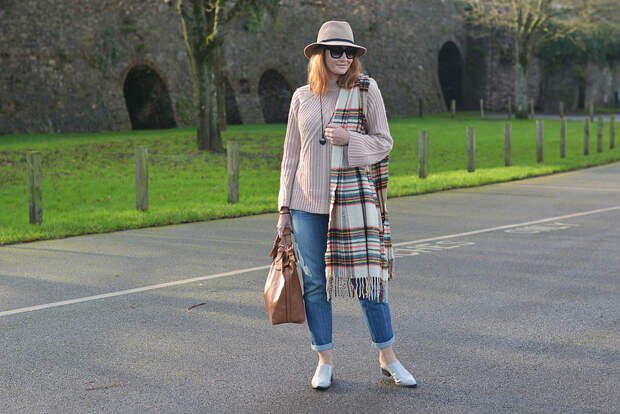 Blush Knitwear, Boyfriend Jeans, Felt Fedora, Tartan Scarf