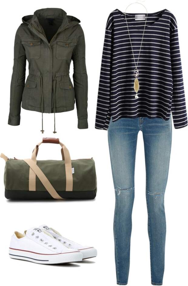 OLIVE GREEN UTILITY JACKET / STRIPED LONG-SLEEVED SHIRT / LONG NECKLACE / MEDIUM-WASH JEANS / CANVAS DUFFLE BAG / WHITE SNEAKERS