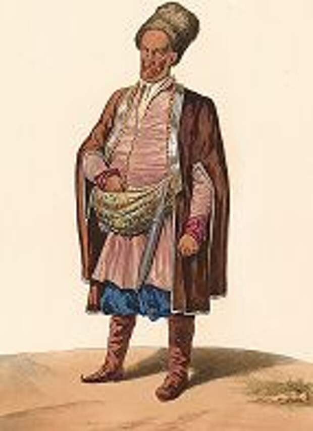 Житель села Чиркей (Дагестан) в районе хребта Салатау. "Costumes du Caucase", л. 27, Париж, 1840-е гг. 