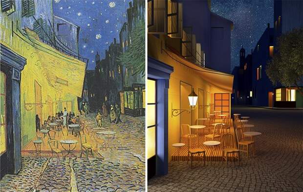 Ночная терраса кафе. Винсент ван Гог живопись, живопись в 3D, картины, копиист, показать скрытое, поправить классиков, художник, шедеврвы