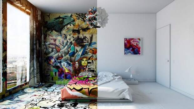 Яркие граффити и простой белый: Дизайнер разделил гостиничный номер на два разных мира