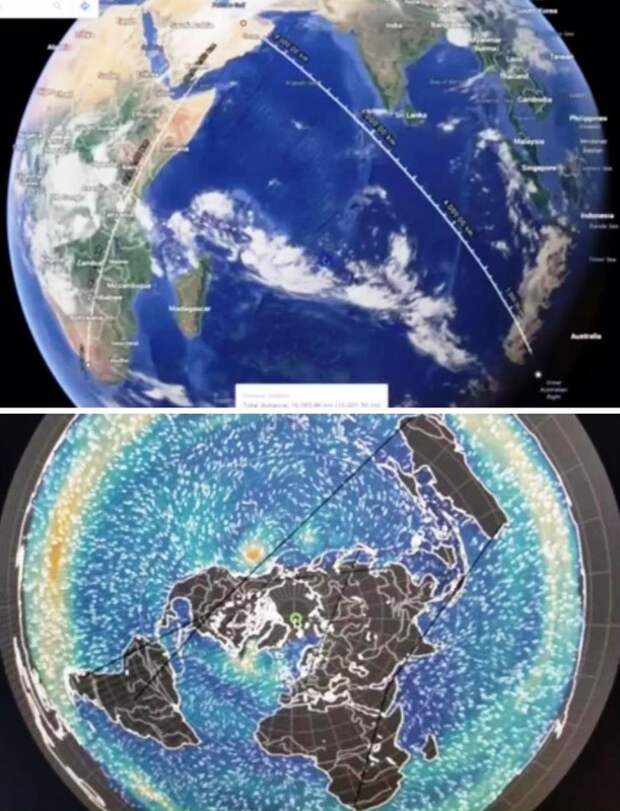 Рис. 2. Модель плоской Земли с Северным полюсом в центре: сверху – траектория полёта на сферической Земле; снизу – траектория того же полёта, но на плоской Земле.