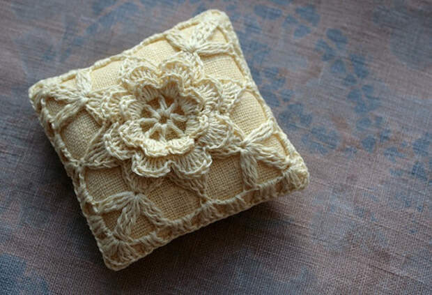Linen  pincushion - crochet motif