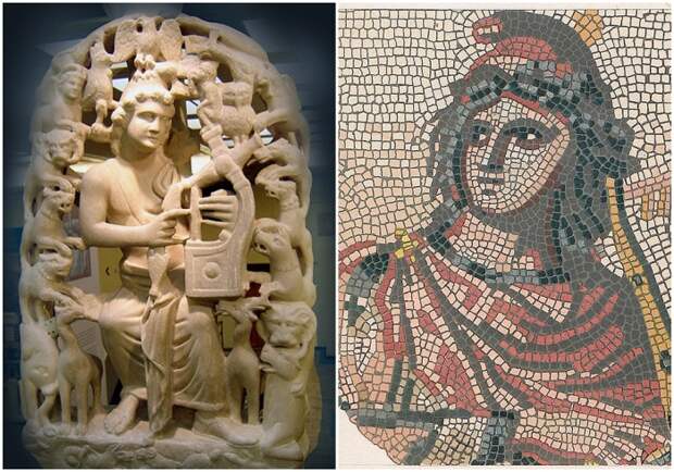 Слева направо: Орфей с лирой в окружении зверей (Византийский и христианский музей, Афины). \ Мозаика Орфея в Доминиканском музее, второй век н.э.