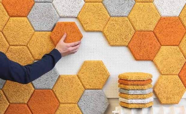 Sound-absorbing hexagonal wall tiles