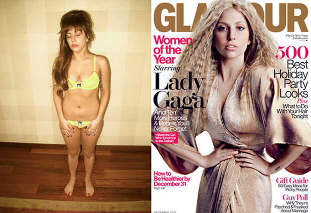 Слева &ndash; кадр, который выложила в сеть Лэди Гага, справа &ndash; скандальная обложка Glamour, возмутившая певицу