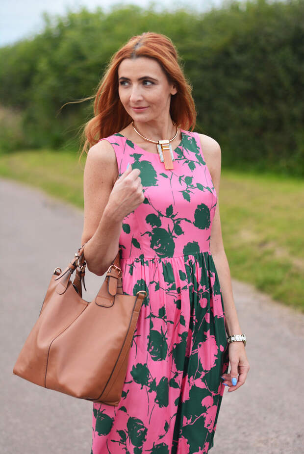Boden pink/green floral midi dress, tan tote bag, statement necklace
