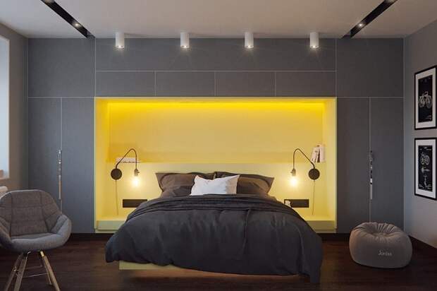 Оригинальный интерьер спальной с ярко-желтом цвете, что понравится однозначно.
