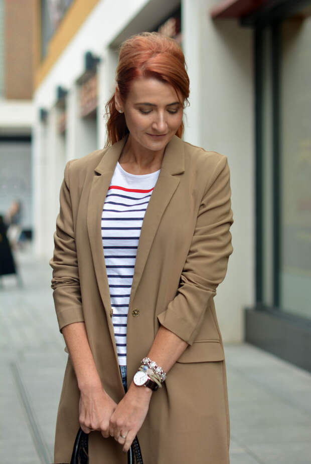 Preppy style | Longline camel blazer, Breton top