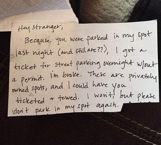 Женщина оставила записку владельцу машины, укравшему её парковочное место и получила неожиданный ответ