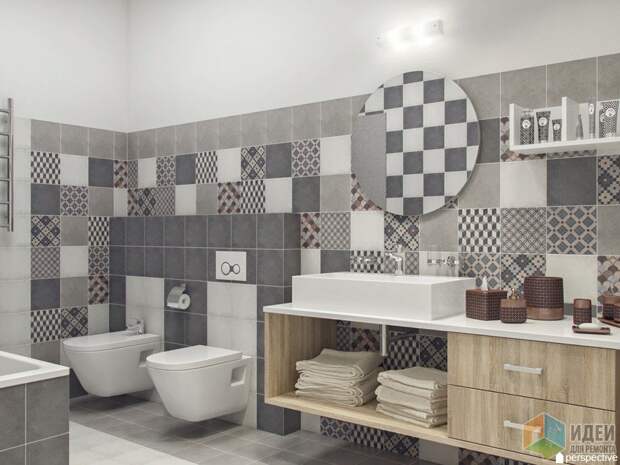 Интерьер ванной комнаты в серых тонах, плитка пэчворк в ванной
