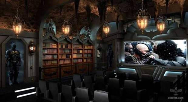 Домашний кинотеатр в стиле пещеры Бэтмена дизайн, интерьер, кино, компьютерные игры