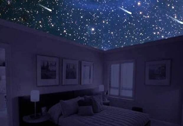 натяжной потолок Звездное небо в спальне