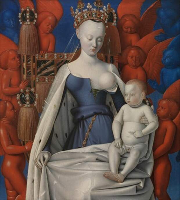 Богородица с младенцем. Жан Фуке. Считается, что натурщицей была Аньес Сорель, любовница короля Карла VII.