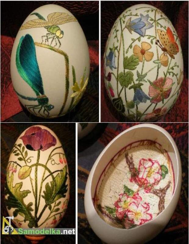 вышивка на яйцах - стрекоза и цветы