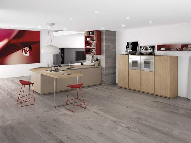 minimalist kitchen with bright pops of red Dynamic Minimalist Kitchen Minimalist Kitchen With Bright Colors Accents Дизайн фасадов кухонных шкафов 60 фото