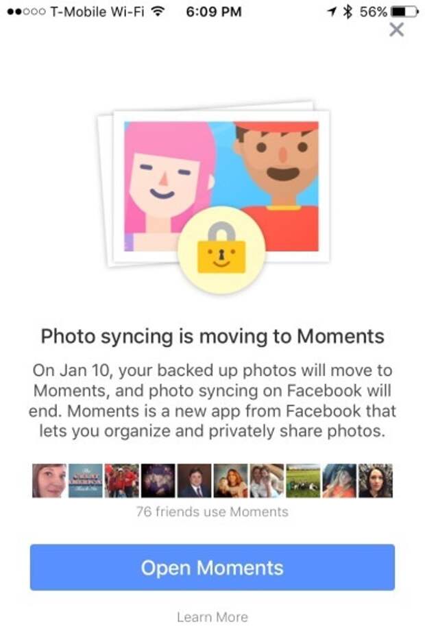 Синхронизация снимков с Facebook только через Moments